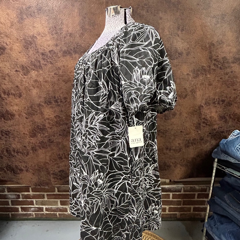 NWT A.N.A. Black white floral 0X womens dress linen cotton blend casual - Picture 5 of 8